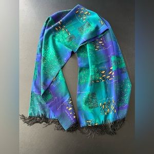 Green, blue, yellow, scarf with black fringe